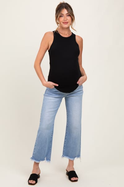 Risen Jeans Light Blue Fringe Hem Cropped Straight Leg Maternity Jeans