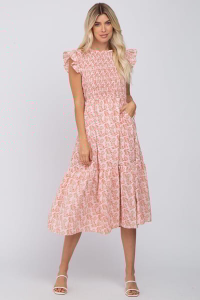 Hayden Pink Leaf Print Smocked Ruffle Sleeve Midi Dress
