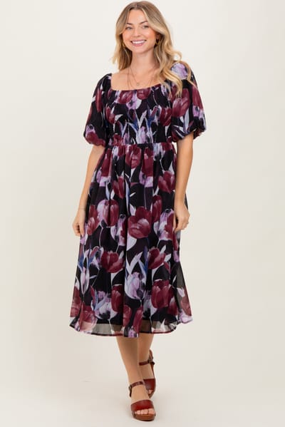 She + Sky Plum Tulip Floral Smocked Puff Sleeve Midi Dress