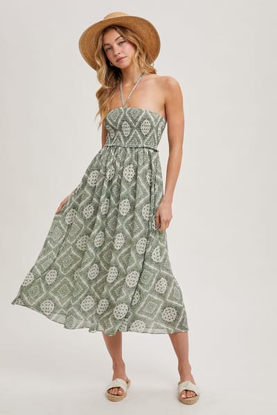 Bluivy Green Printed Smocked Halter Midi Dress
