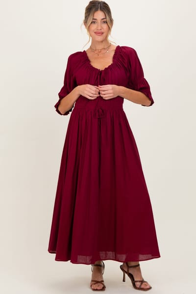 PinkBlush Burgundy Smocked Ruffle Square Neck Maternity Midi Dress