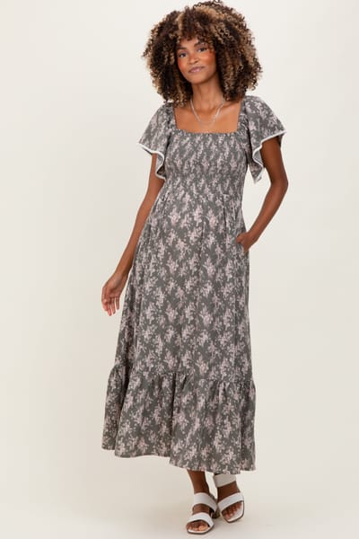 Elloh Olive Floral Smocked Lace Trim Flutter Sleeve Maternity Midi Dress