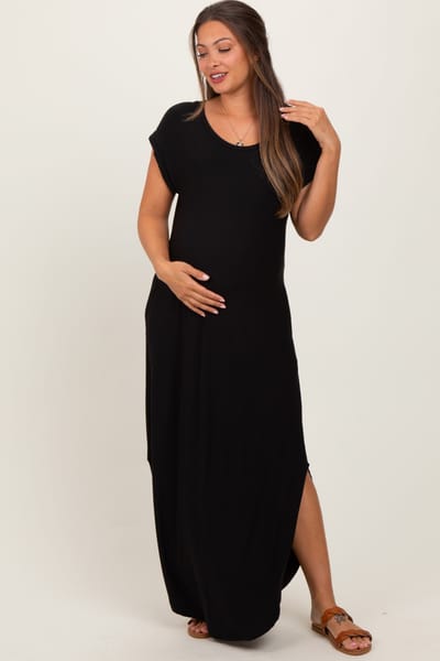 PinkBlush Black Round Hem Side Slit Maternity Maxi Dress