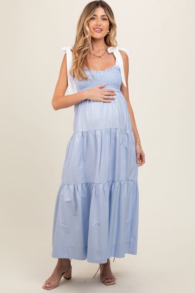 lala von Light Blue Contrast Shoulder Straps Maternity Maxi Dress