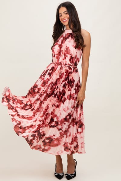 Rosevelvet Red Floral Pleated Halter Midi Dress