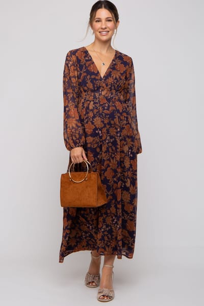First Love Navy Floral Long Sleeve V-Neck Maternity Maxi Dress