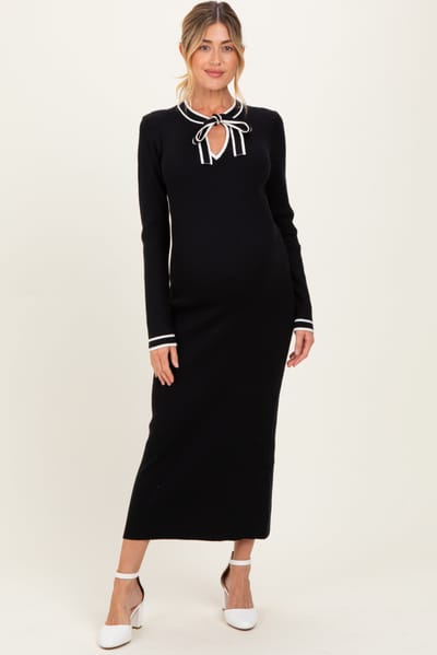 ABLE Black Tie Neck Maternity Sweater Midi Dress