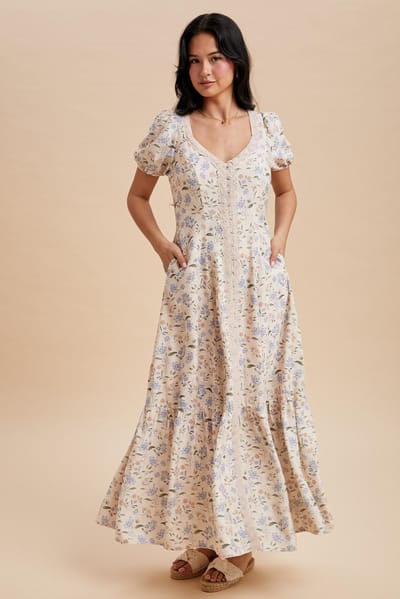 In Loom Creme Floral Lace Trim Button Down Maxi Dress