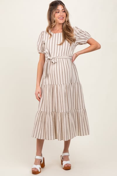 Tea N Rose Ivory Stripe Tiered Tied Waist Maternity Midi Dress
