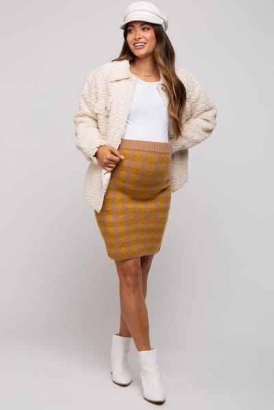 PinkBlush Camel Plaid Fuzzy Knit Fitted Maternity Skirt
