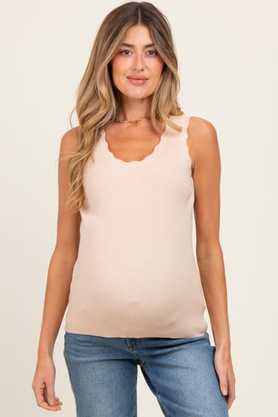 Doe & Rae Peach Knit Scalloped Detail Maternity Tank Top