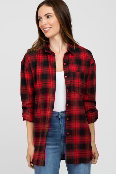 Vine & Love Red Black Plaid Button Down Top