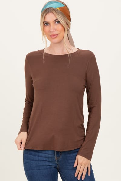 Zenana Outfitters Brown Flowy Round Hem Long Sleeve Top