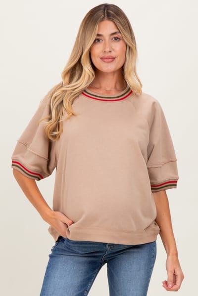 PinkBlush Beige Contrast Trim Short Sleeve Maternity Pullover