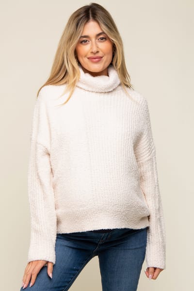 PinkBlush Cream Ribbed Boucle Knit Turtleneck Maternity Sweater