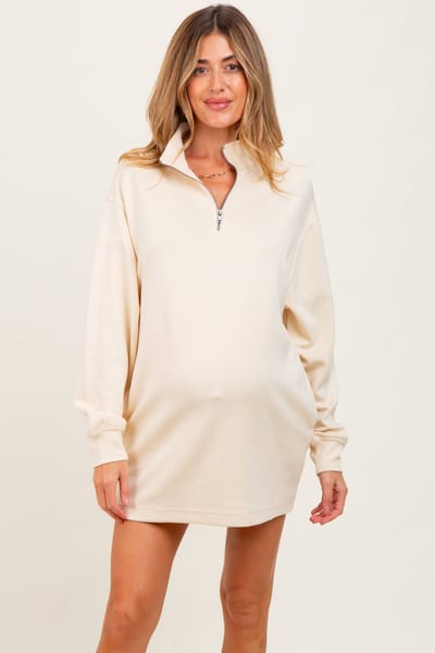 PinkBlush Cream Half Zip Long Sleeve Maternity Mini Dress