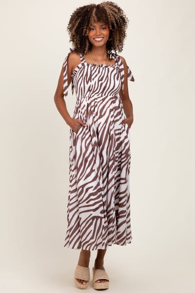 Flying Tomato Brown Animal Print Smocked Shoulder Tie Maternity Midi Dress