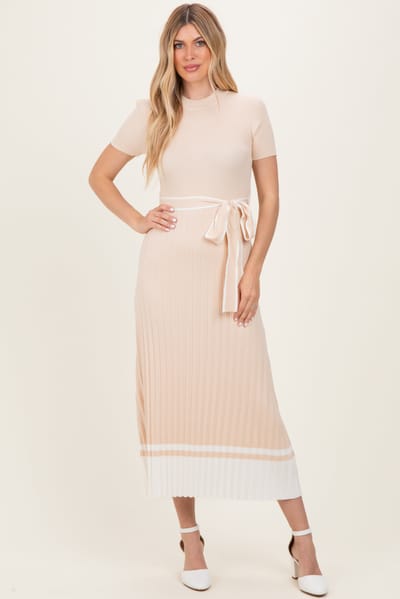 Camellia Beige Knit Pleated Sash Tie Midi Dress