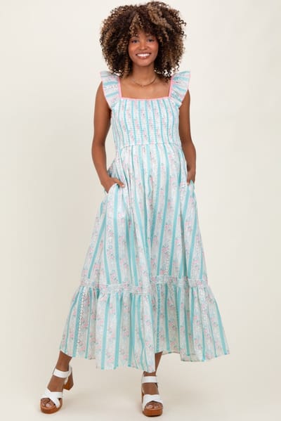 In Loom Light Blue Striped Vintage Floral Smocked Maternity Maxi Dress