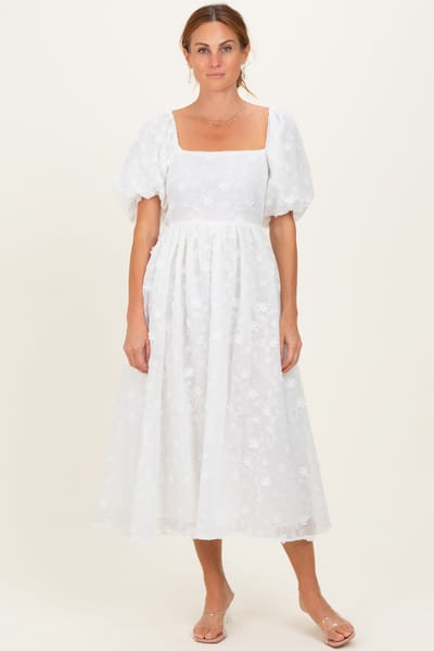 Endless Blu Ivory Embroidered Floral Puff Sleeve Midi Dress