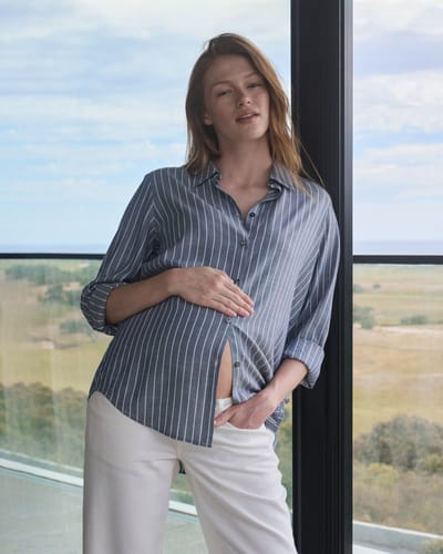 Ripe Maternity Millie Button Up Shirt  Denim / White