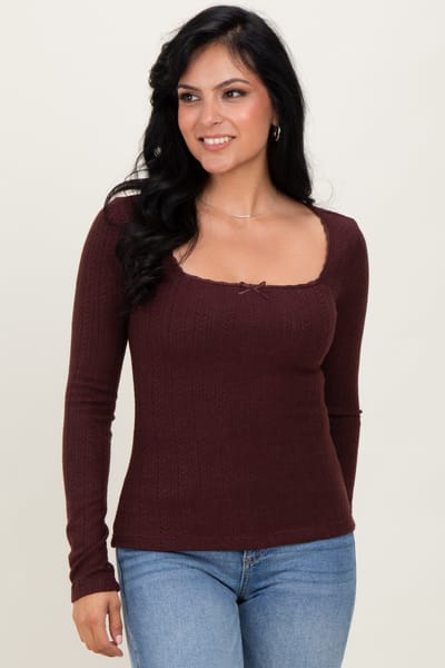 Hem & Thread Burgundy Pointelle Knit Lace Trim Square Neck Top