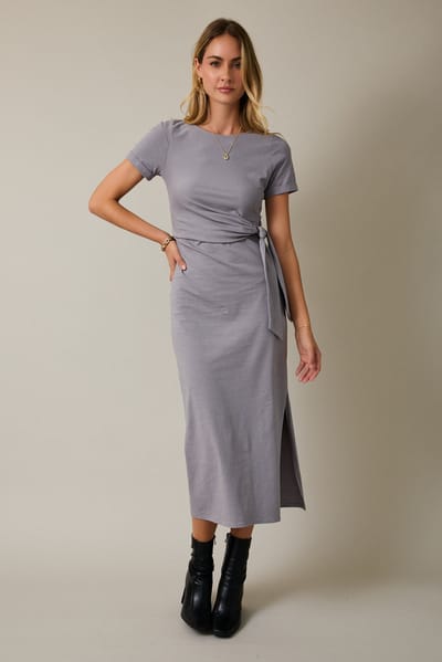 Gilli Grey Short Sleeve Waist Tie Side Slit Maxi Dress