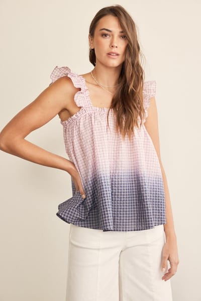 In February Pink Navy Ombre Plaid Ruffle Sleeve Top