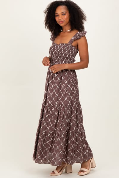 Camellia Brown Off White Floral Embroidered Tiered Maxi Dress