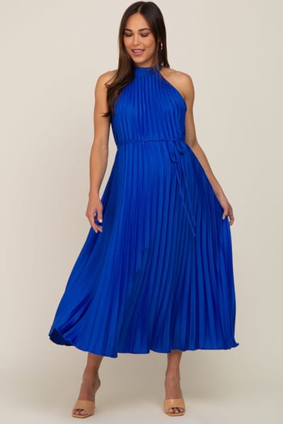 PinkBlush Royal Blue Pleated Maternity Halter Dress