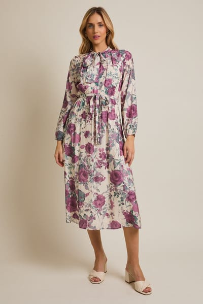 Gilli Cream Floral Neck Tie Long Sleeve Midi Dress