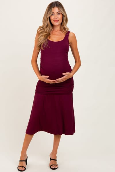 PinkBlush Burgundy Ruched Drop Waist Sleeveless Maternity Midi Dress