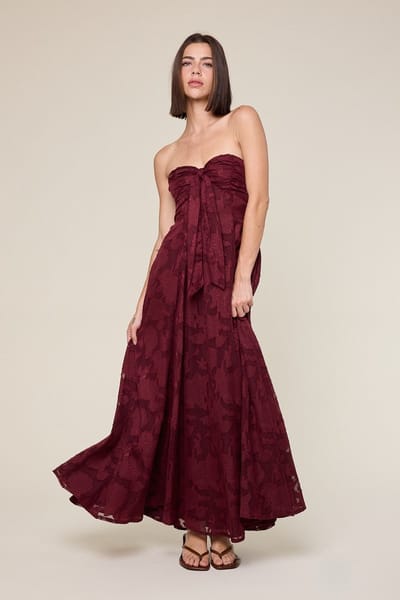 Sky To Moon Wine Floral Jacquard Strapless Open Back Maxi Dress