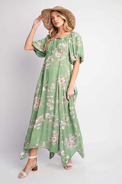 Easel Light Olive Floral Puff Sleeve Maxi Dress