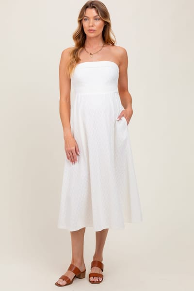 PinkBlush Ivory Lace Strapless Lace Up Back Maternity Midi Dress