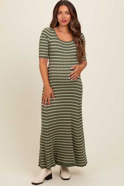 Skies Are Blue Olive Striped Ribbed Short Sleeve Maternity Maxi Dress