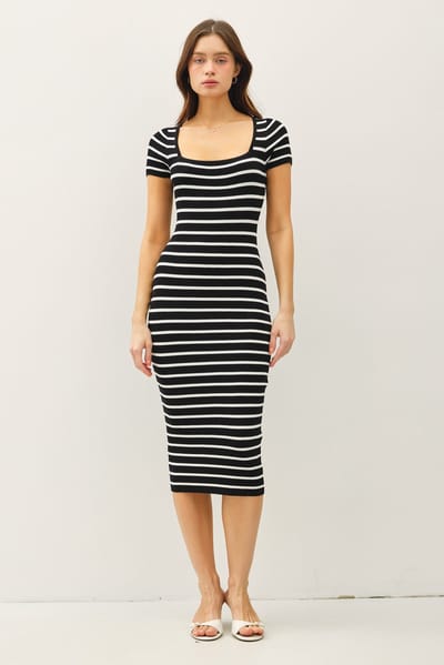 Be Cool Black Striped Square Neck Short Sleeve Midi Dress