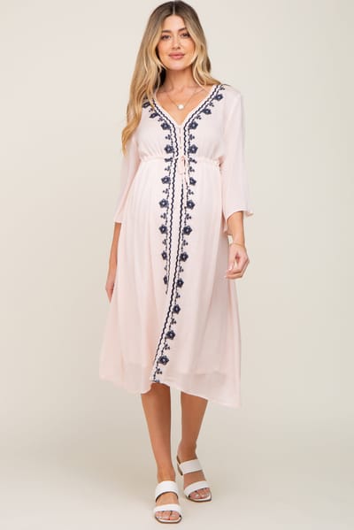 I Joah Light Pink Floral Embroidered 3/4 Sleeve Maternity Midi Dress