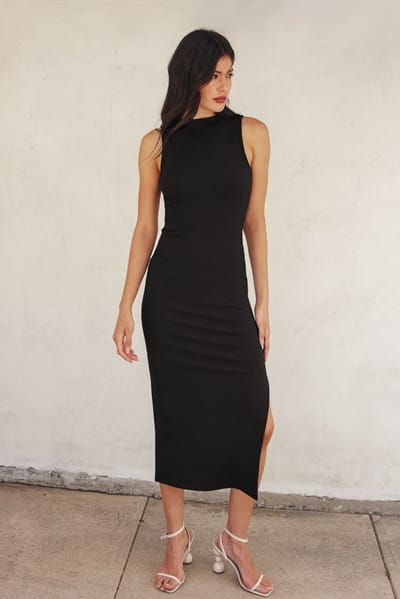 Dress Forum Black Mock Neck Side Slit Midi Dress