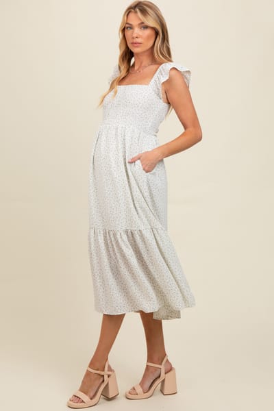 Elloh Cream Ruffle Strap Smocked Maternity Mid Dress