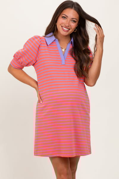 PinkBlush Coral Striped Collared Puff Sleeve Maternity Dress
