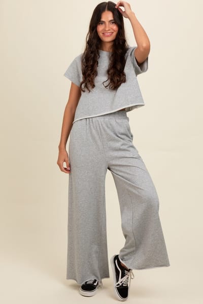 Rhea + Thea Heather Grey Basic Tee And Wide Leg Pant Set