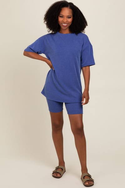 Win Win Apparel Royal Blue Ribbed Biker Shorts Set