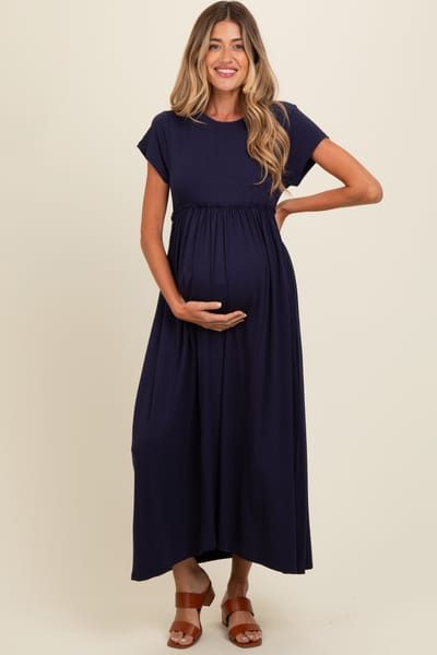 Rhea + Thea Navy Ruffle Trim Maternity Maxi Dress