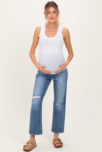 Vervet Blue Distressed Open Knee Ankle Straight Leg Maternity Jeans