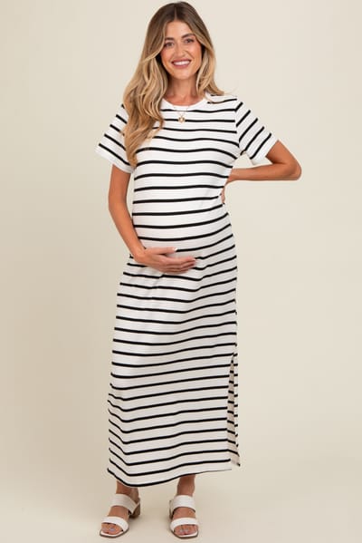 Vine & Love White Striped Side Slit Maternity Maxi Dress