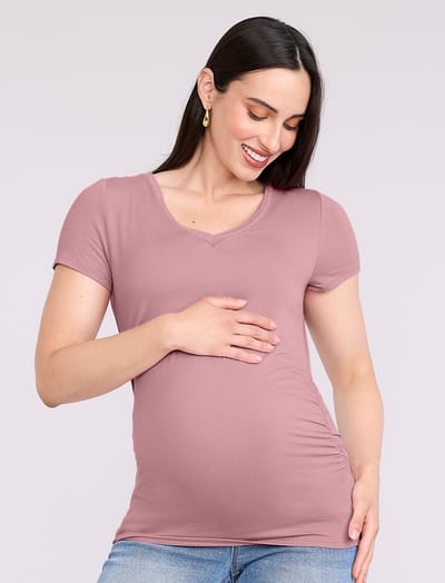 Motherhood Maternity Side Ruched Short Sleeve V-Neck  Maternity Tee