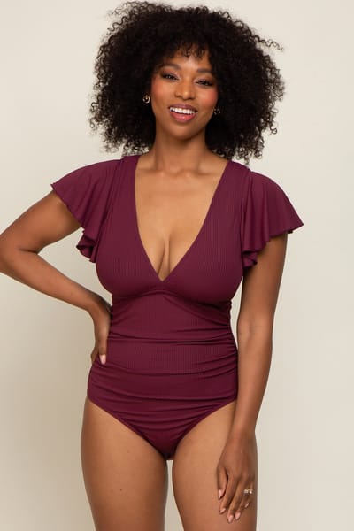 Charmo Plum Deep V-Neck Flounce One Piece Swimsuit