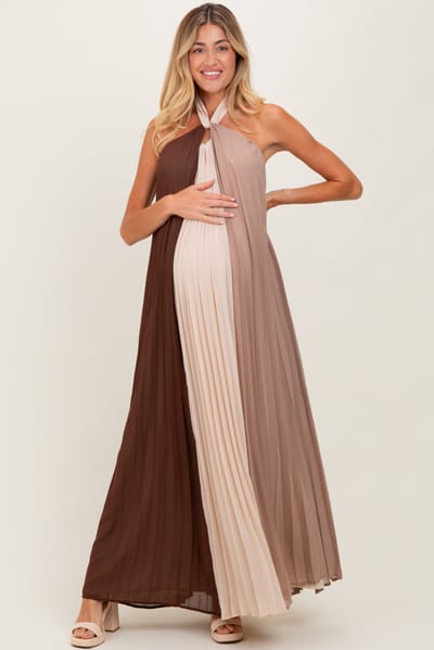 Endless Blu Brown Colorblock Pleated Halter Neck Maternity Maxi Dress