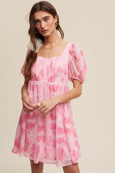 Listicle Pink Floral Puff Sleeve Mini Dress